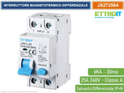 ETTROIT INTERRUTTORE MAGNETOTERMICO DIFFERENZIALE SALVAVITA PER BARRA DIN 2 MODULI 1P+N 25A C25 240V 30mA 6KA CLASSE A