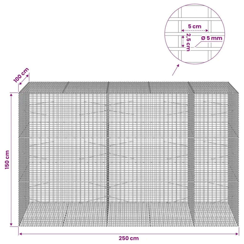 Gabione con Filo da 5 mm e Rete da 5x2,5 cm 250x100x150 cm 3463895