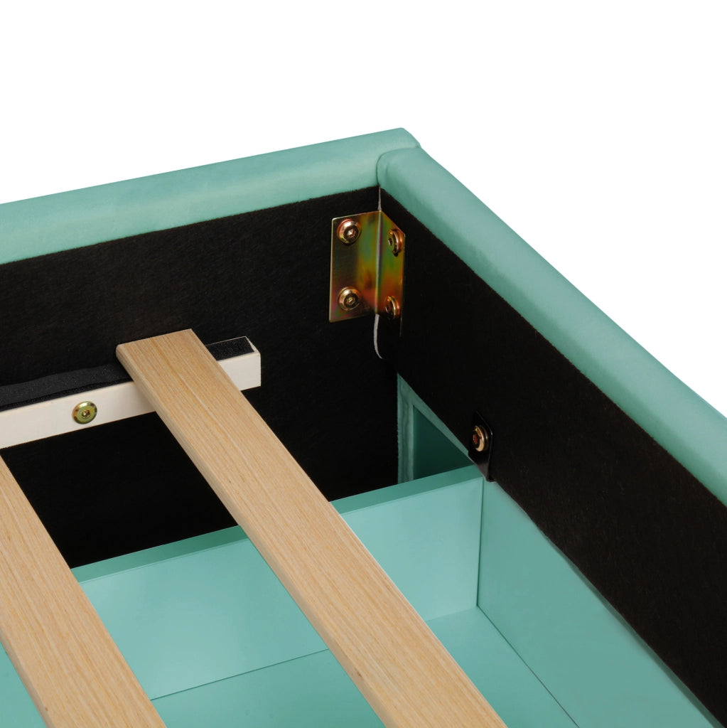 Letto per bambini imbottito 140 x 200 cm blu e verde con scivolo e contenitore