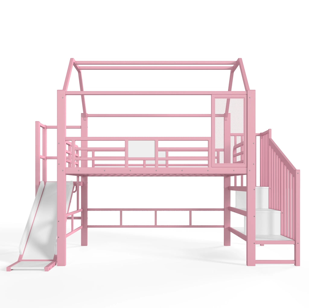 Letto a soppalco rosa a casetta con scivolo e scala