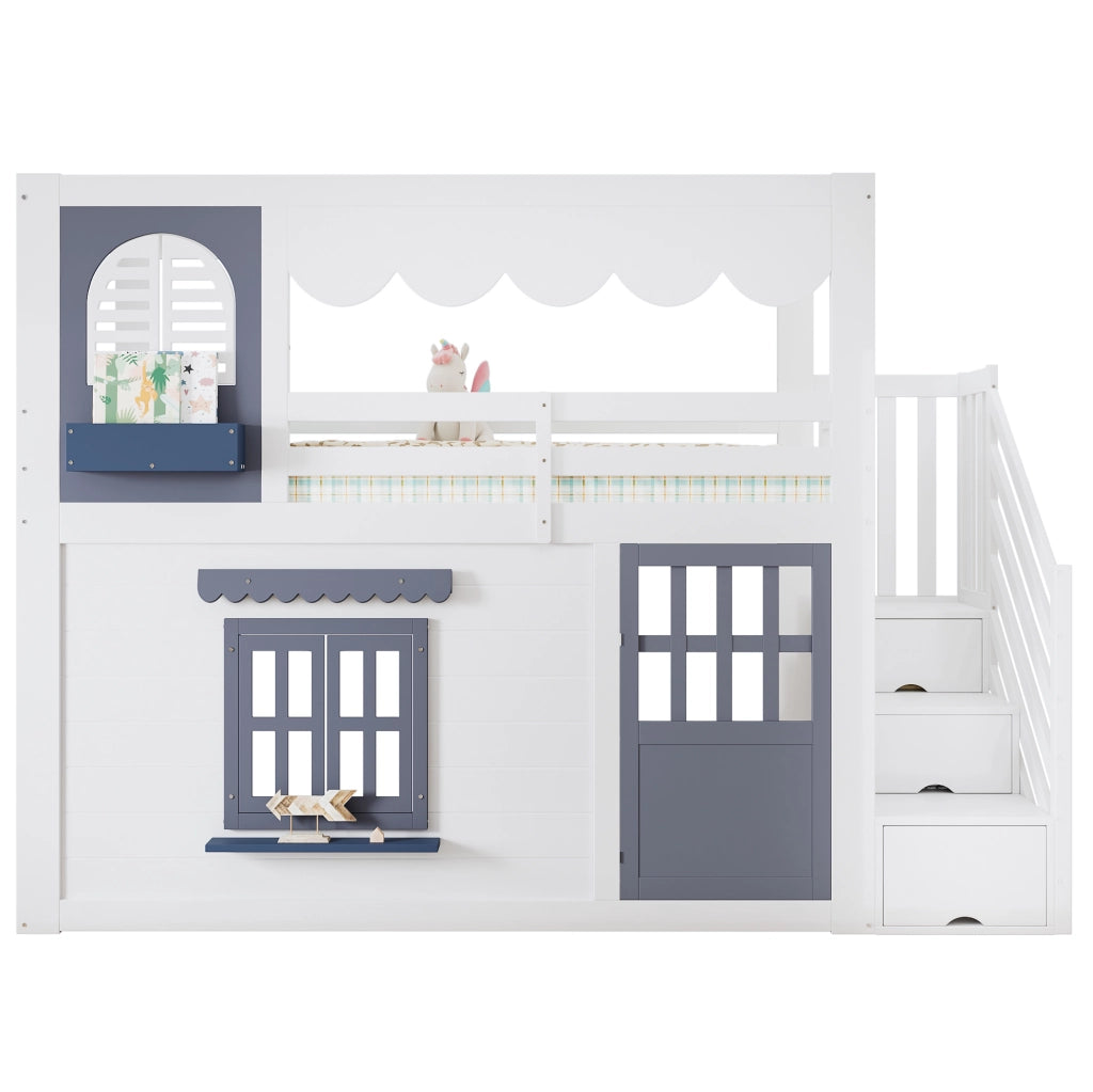 Letto a soppalco per bambini 90x200 cm a casetta bianco e blu