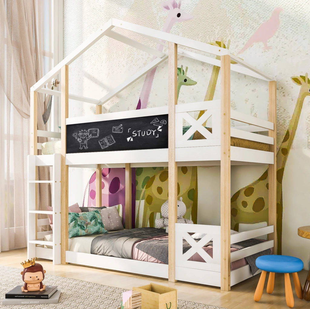 Letto a castello per bambini 90x200 cm con scala, tetto e rete a doghe in legno bianco per cameretta, senza materasso