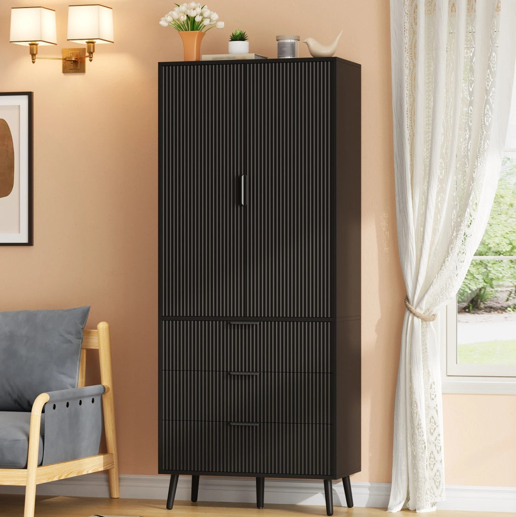 Armadio alto in MDF nero con 2 ante e 3 cassetti, 75 x 35 x 180 cm