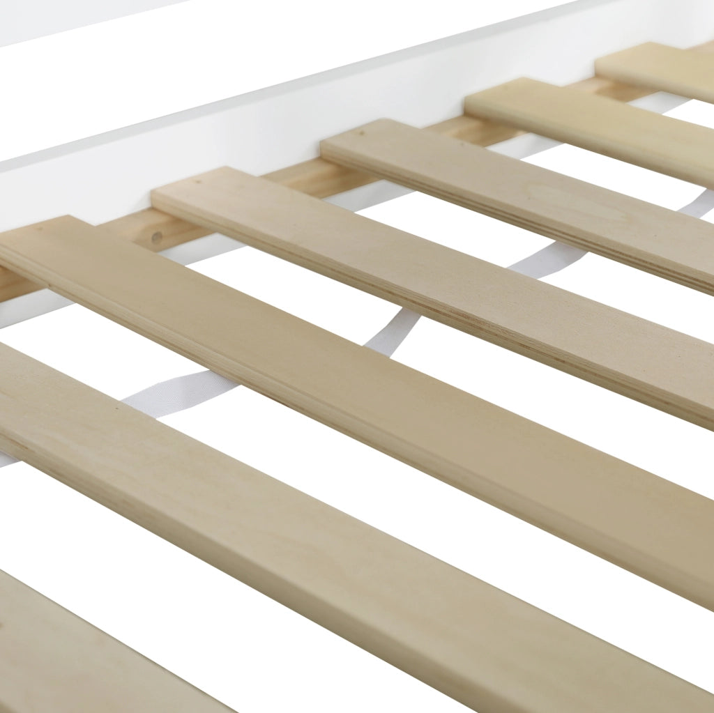 Letto rialzato per bambini 90x200 cm a casetta bianco e blu con scala contenitore