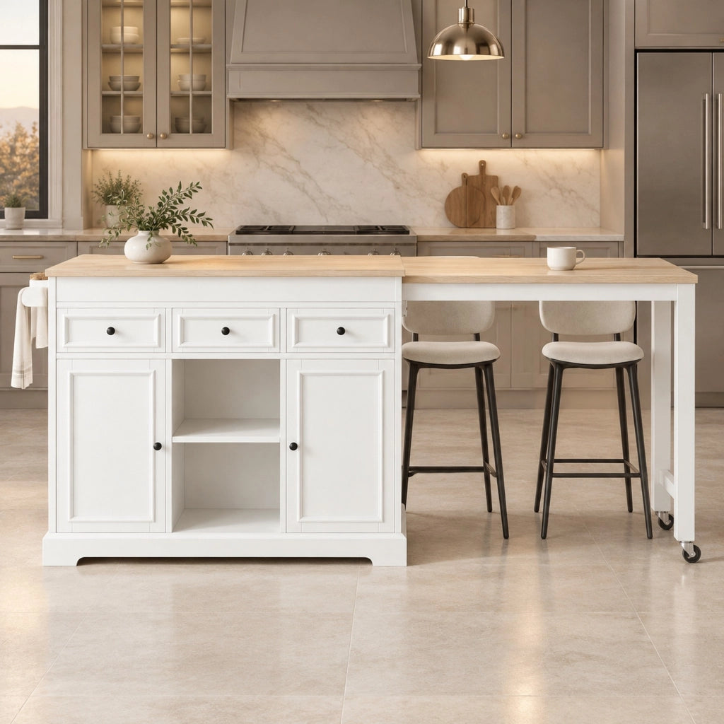 Isola da cucina mobile bianca e naturale con piano estraibile e vani portaoggetti