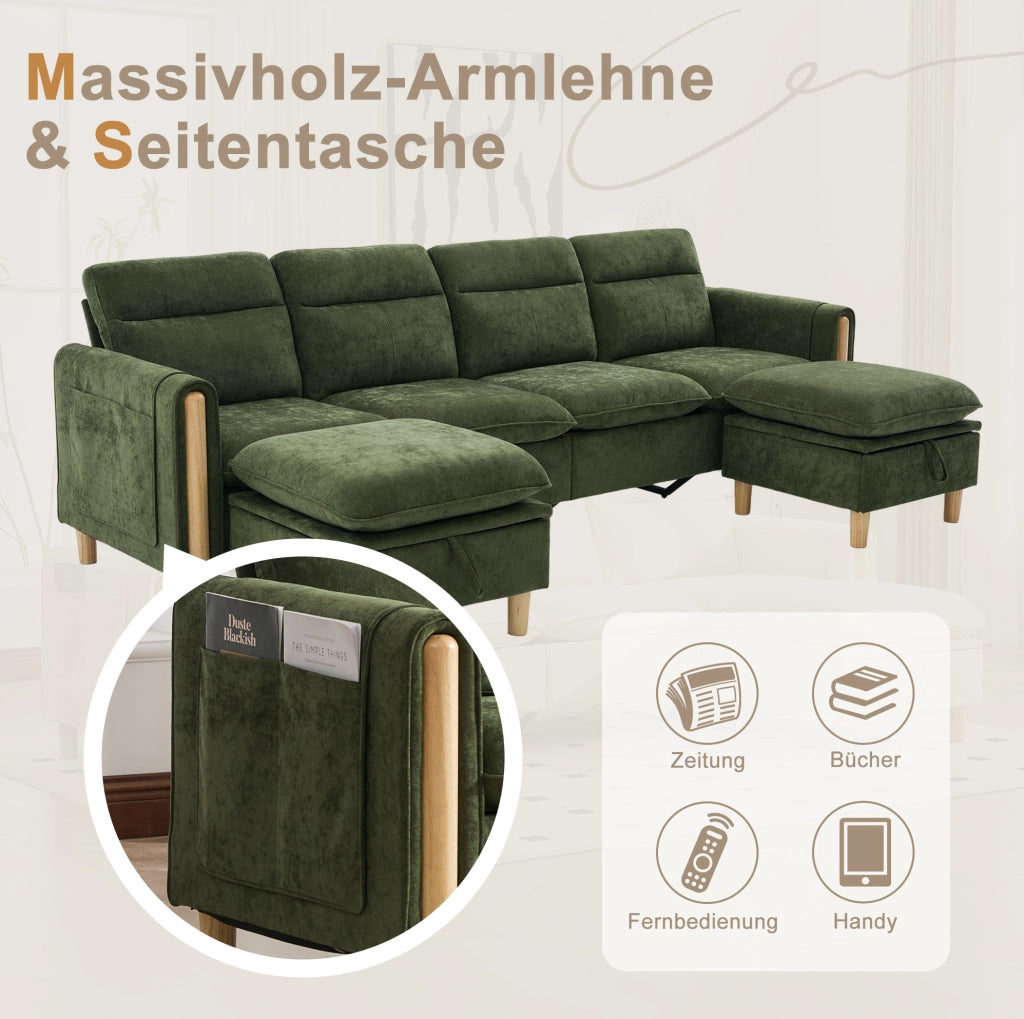 Divano modulare 4 posti con 2 pouf contenitore in ciniglia verde