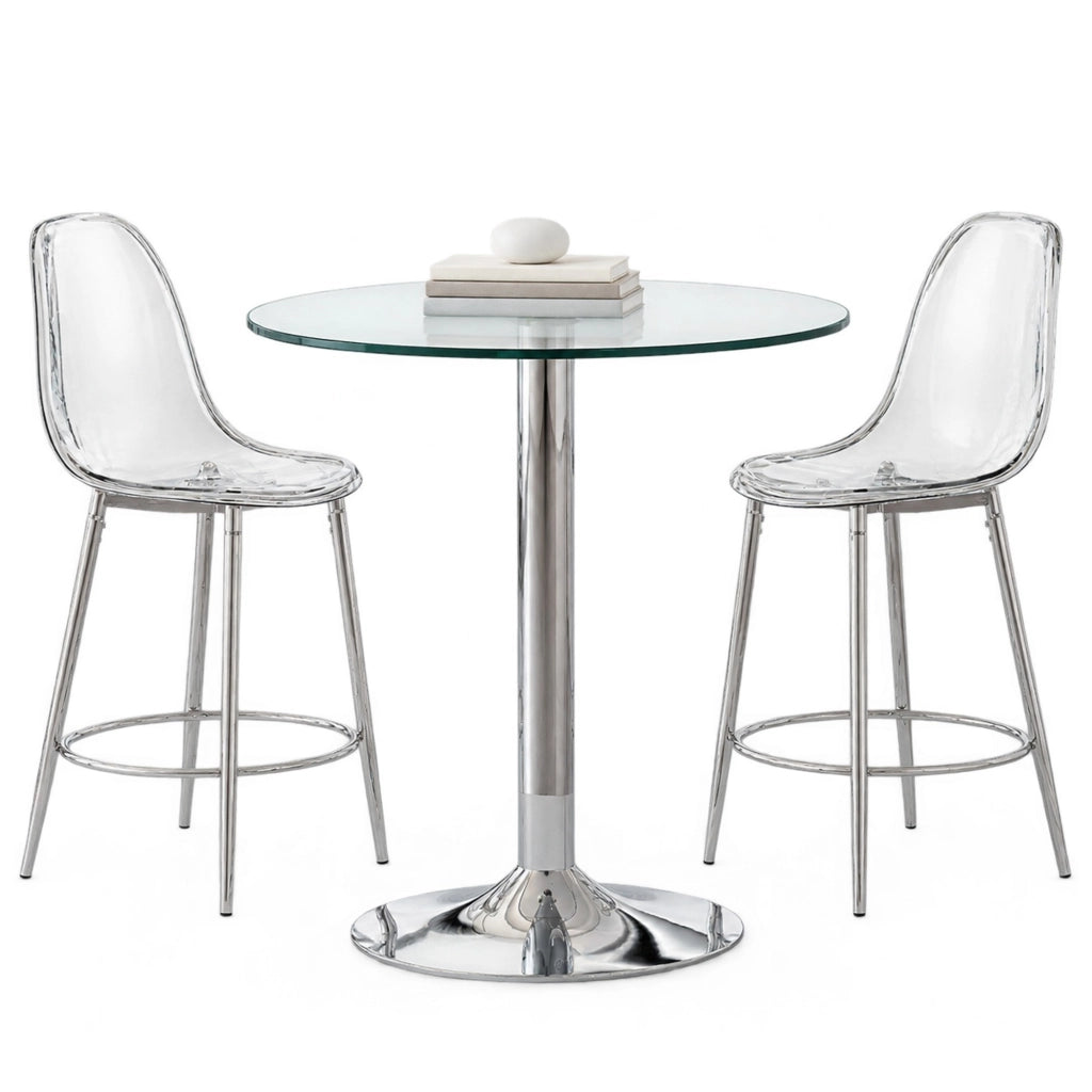 TAVOLO bar con sgabelli, piano in vetro Ø 89 cm, argento e trasparente