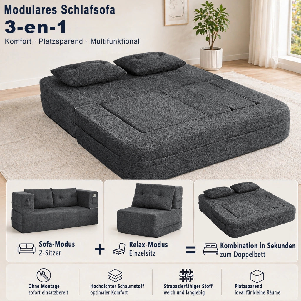 Divano letto modulare 2 posti con poltrona in memory foam grigio scuro