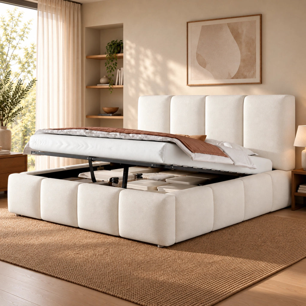 Letto contenitore matrimoniale 180x200 cm con sollevamento idraulico e rete a doghe; in bouclé bianco; senza materasso