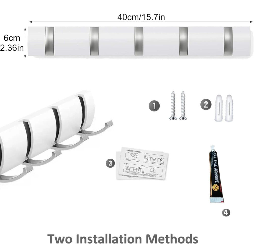 Gancio appendiabiti con 5 ganci estraibili, 40 cm, bianco e argento