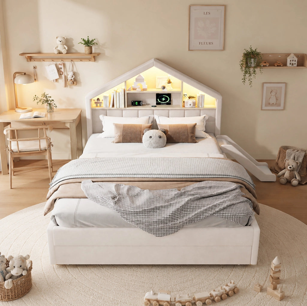 Letto per bambini imbottito beige 140 x 200 cm con scivolo e cassetto