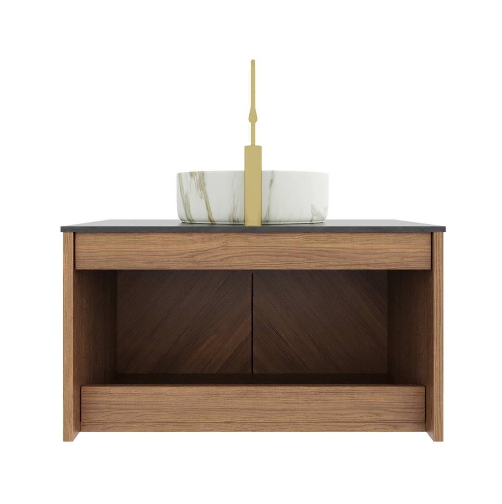 Mobile lavabo sospeso 76 cm, lavabo ceramica bianca, top nero, compensato marrone