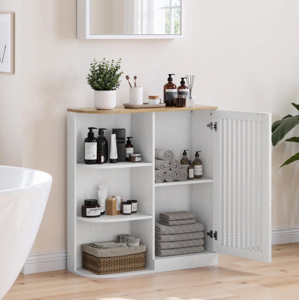 Scaffale angolare bagno 68x25x76 cm MDF bianco e rovere, ripiano aperto