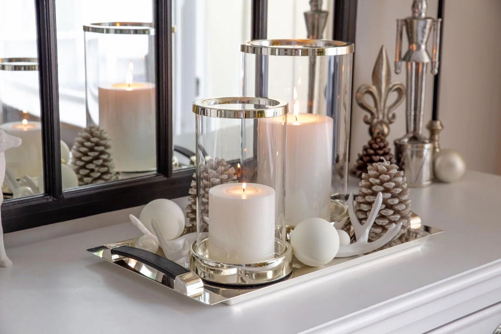 Candela decorativa Sanremo, argentata, diametro 12,5 cm, altezza 20 cm