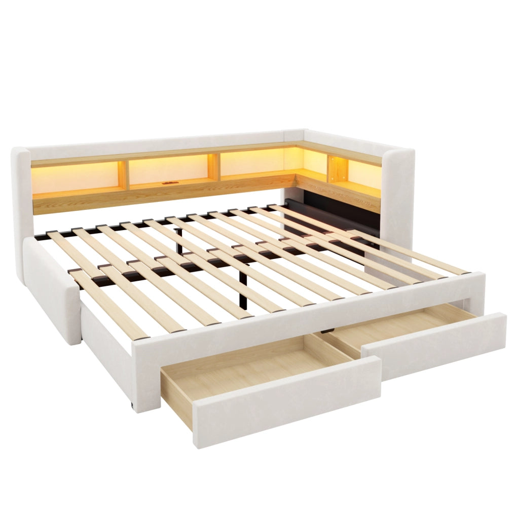 Divano letto estraibile 90x200 cm con LED, prese e cassetti