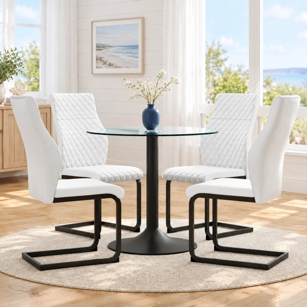 Set tavolo rotondo in vetro 85 cm e 4 sedie bianche in PU