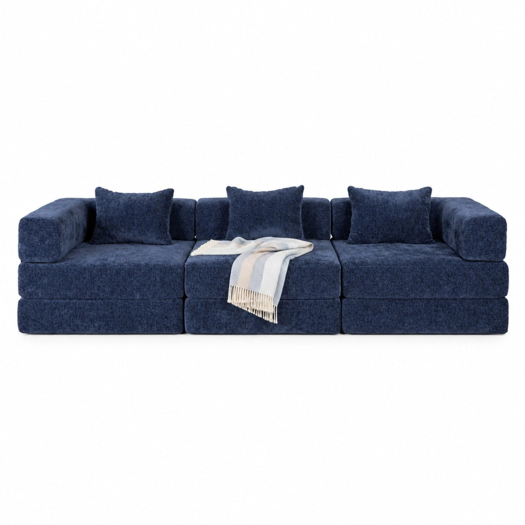 Divano letto componibile in ciniglia blu scuro, 300 x 100 x 63 cm
