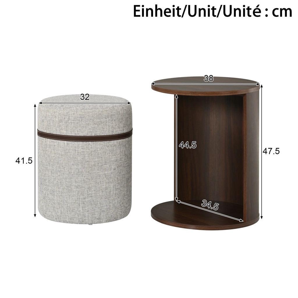 Set tavolino rotondo con pouf integrato 38x38x47;5 cm in MDF e pino; noce