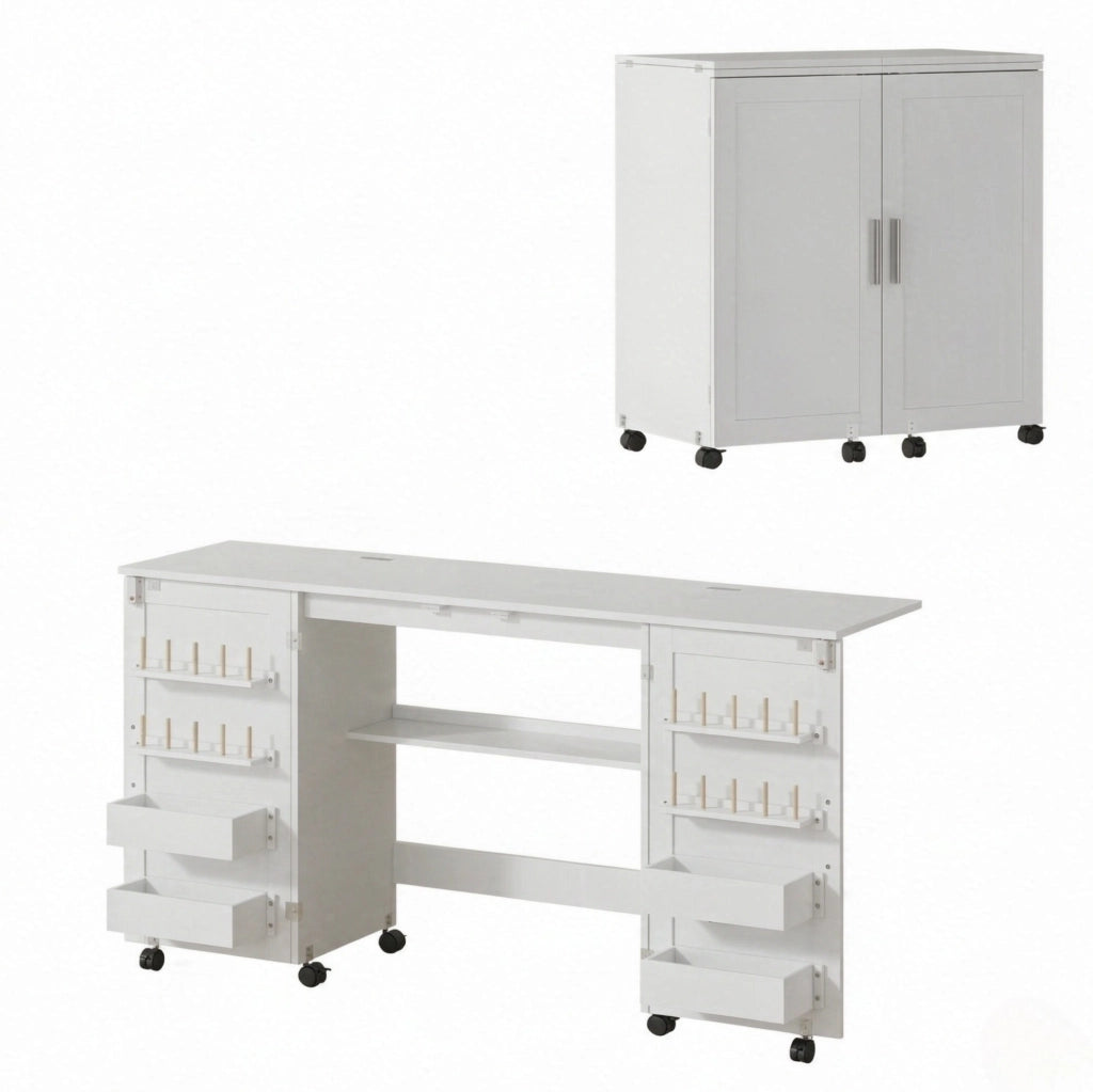 Tavolo da cucito pieghevole 160x40x81,5 cm bianco con contenitori