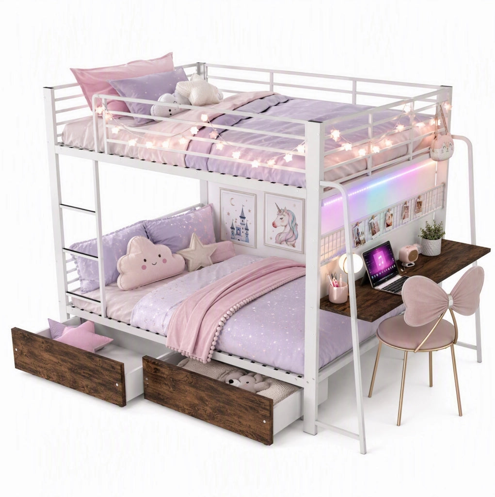 Letti a soppalco per bambini 140x200 cm; con scrivania; USB; LED e cassetti; in metallo; bianco; senza materasso
