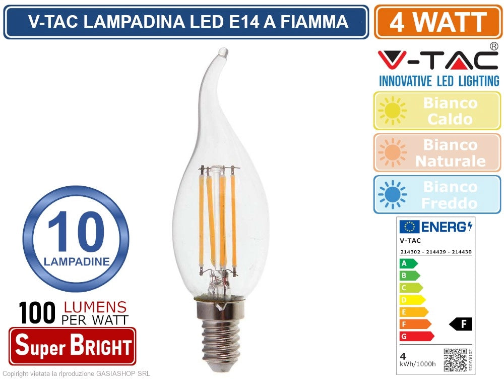 10 PEZZI V-TAC VT-1997 LAMPADINA LED E14 4W CANDLE FLAME BULB C35 CANDELA FIAMMA FILAMENT VETRO - Colore Luce:Bianco Caldo