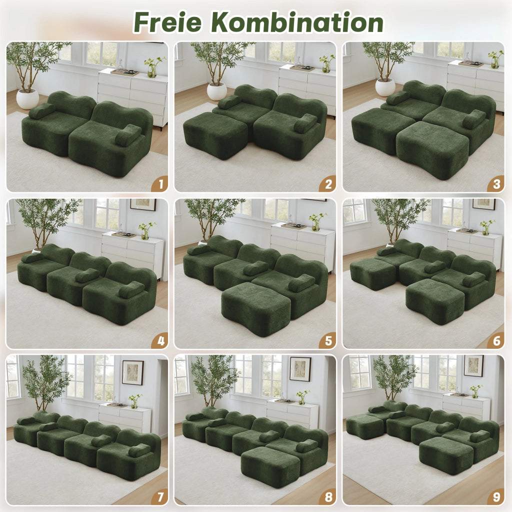 Divano modulare angolare in velluto verde 384×167×70 cm