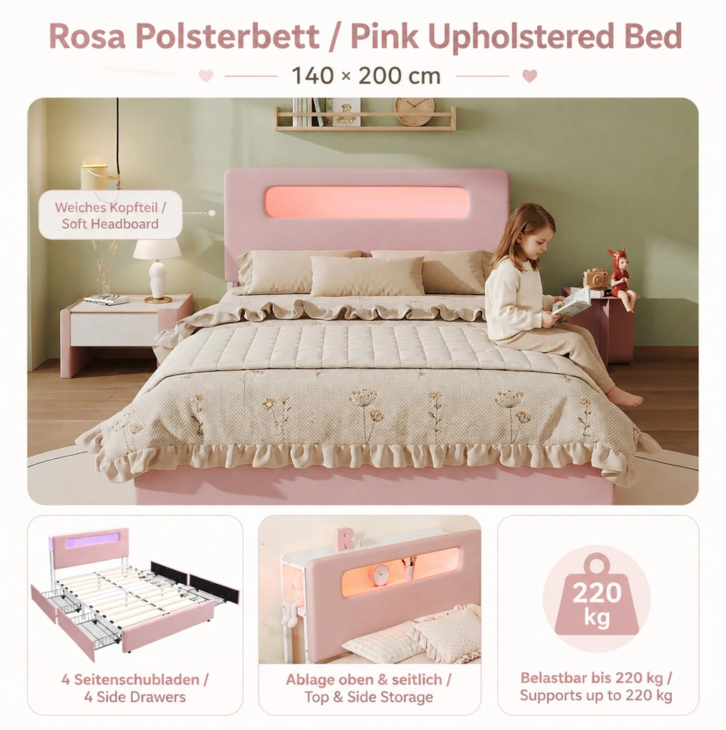 Letto imbottito per bambini 140 x 200 cm rosa con 4 cassetti e LED