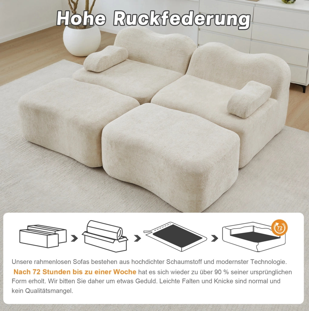 Divano modulare senza telaio in velluto beige con pouf