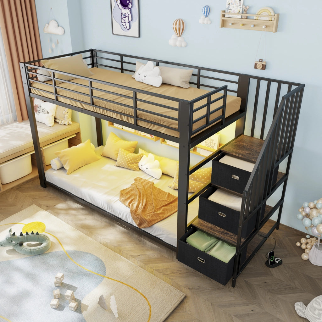 Letto a castello 90 x 200 cm in metallo e MDF con scala e LED, nero