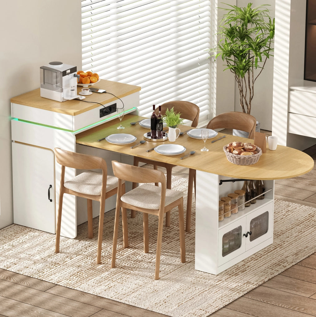 Isola da cucina allungabile bianca con contenitori, LED e prese USB e USB-C