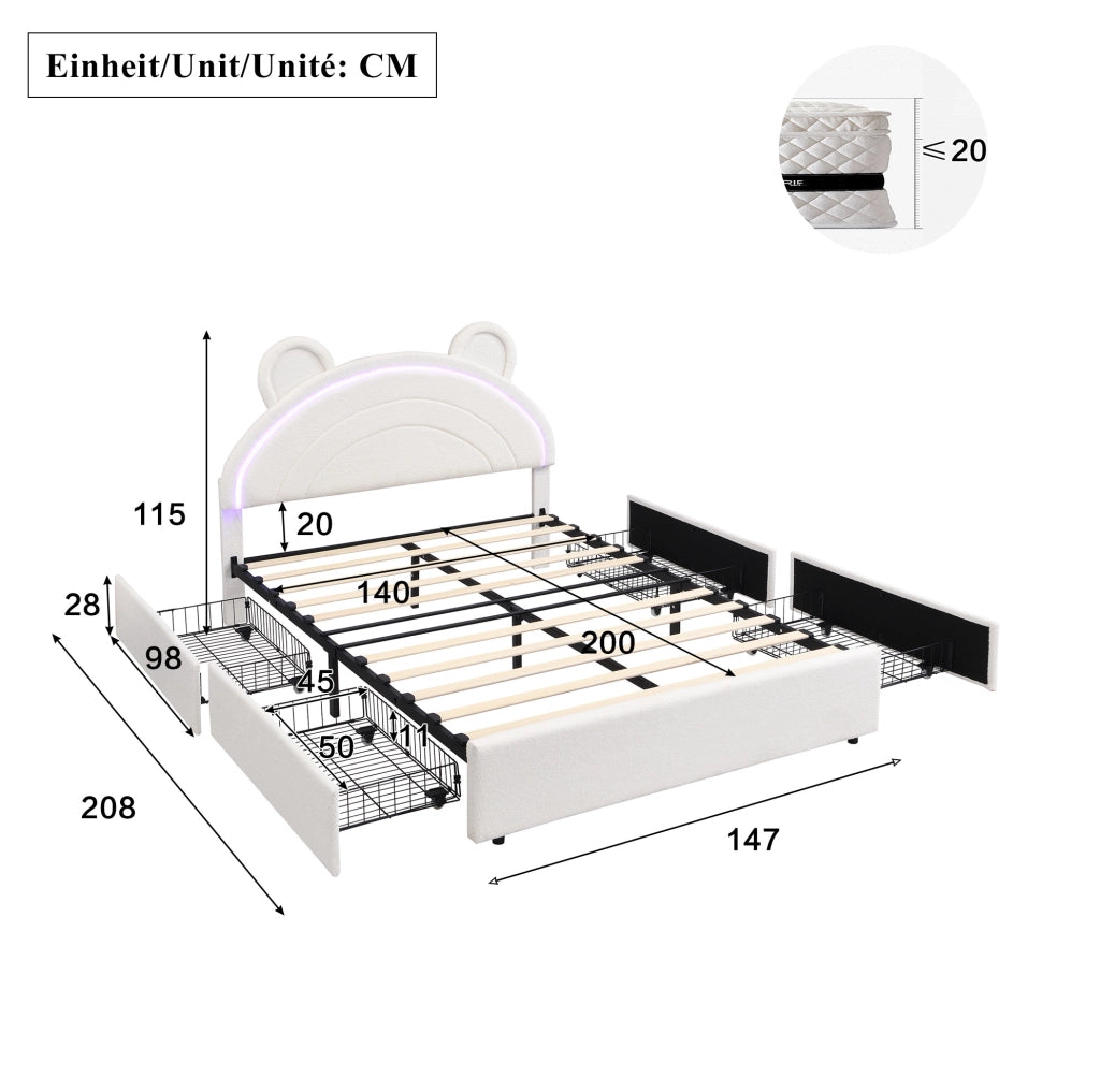 Letto imbottito per bambini 140 x 200 cm beige con 4 cassetti e LED
