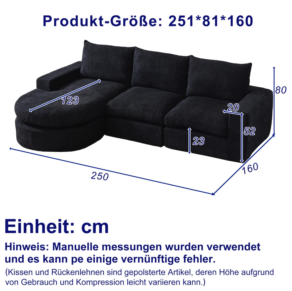 Divano modulare con chaise longue reversibile in ciniglia nera