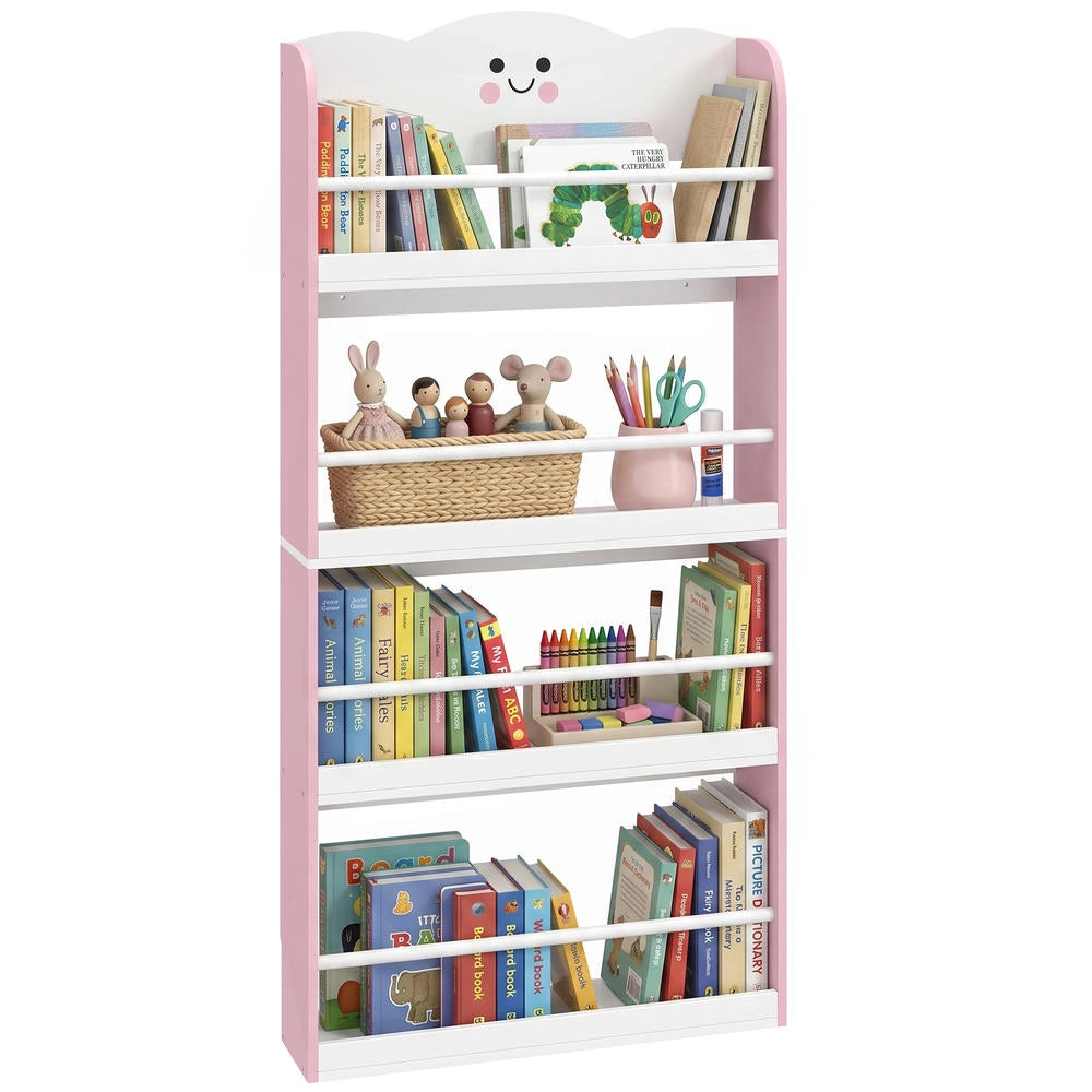 Libreria Montessoriana per Bambini 3-6 Anni, Scaffale a Parete 4 Ripiani in Legno Rosa per Cameretta, Salvaspazio e Pratico