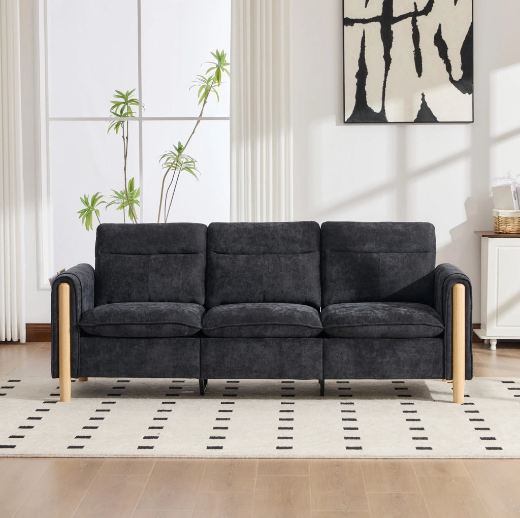 Divano a 3 posti in ciniglia nera con pouf contenitore reversibile
