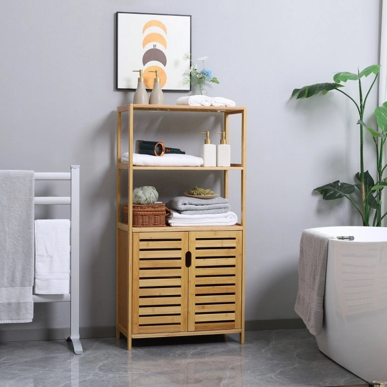 Mobile bagno in bambù con ante a lamelle, ripiani aperti, 60x30x120 cm, salvaspazio