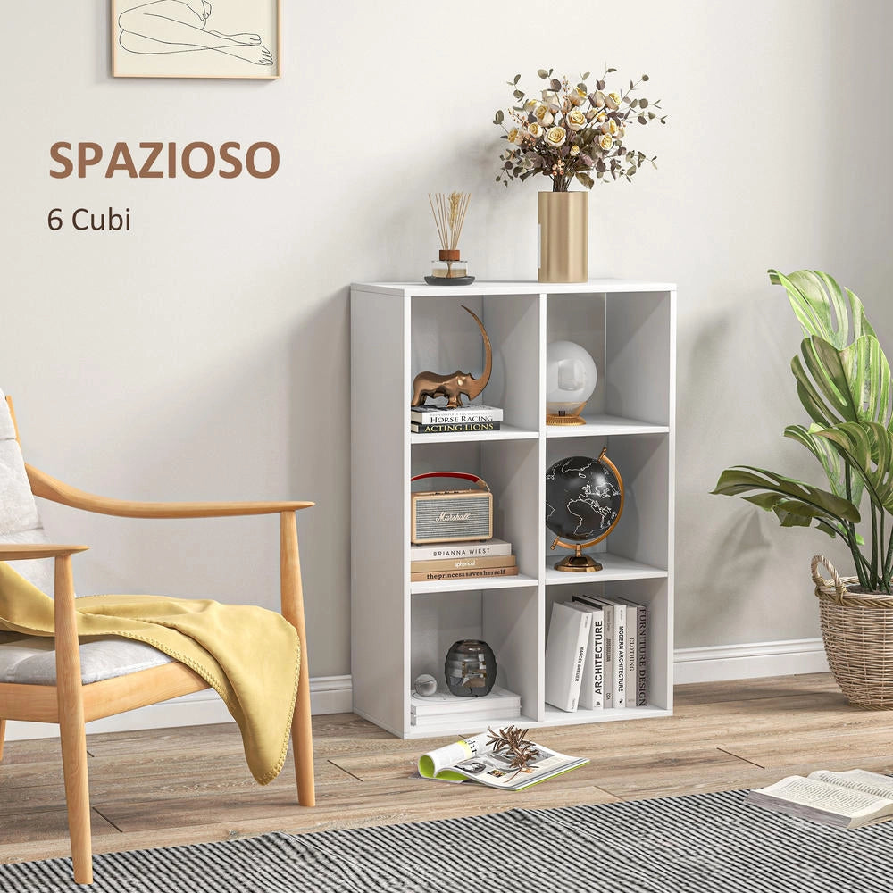 Libreria a cubi con 6 ripiani in legno truciolato bianco, mobile portaoggetti compatto e resistente per studio e ufficio, 61.5x29.5x91.5 cm
