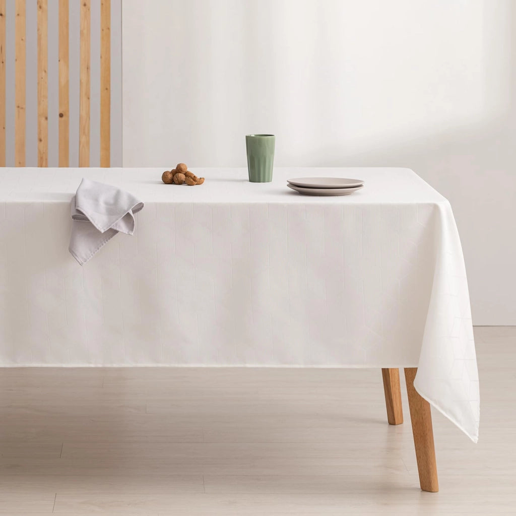 Tovaglia, resistente alle macchie, motivo geometrico, bianca, 140 x 240 cm
