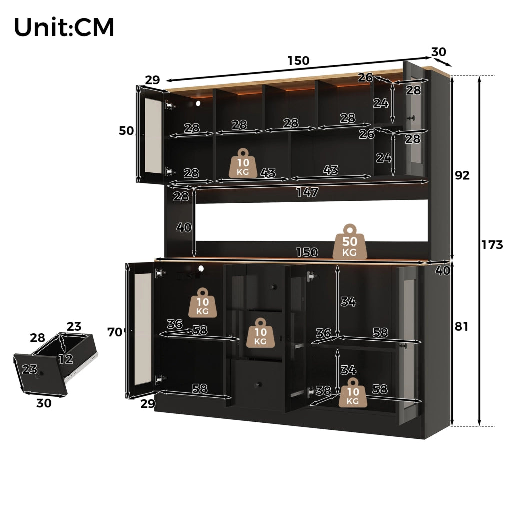 Mobile dispensa da cucina nero e naturale con LED e prese, 150 cm
