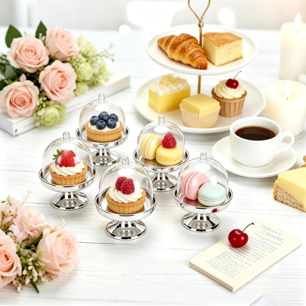 Supporto per 12 mini torte con coperchio a cupola, argento