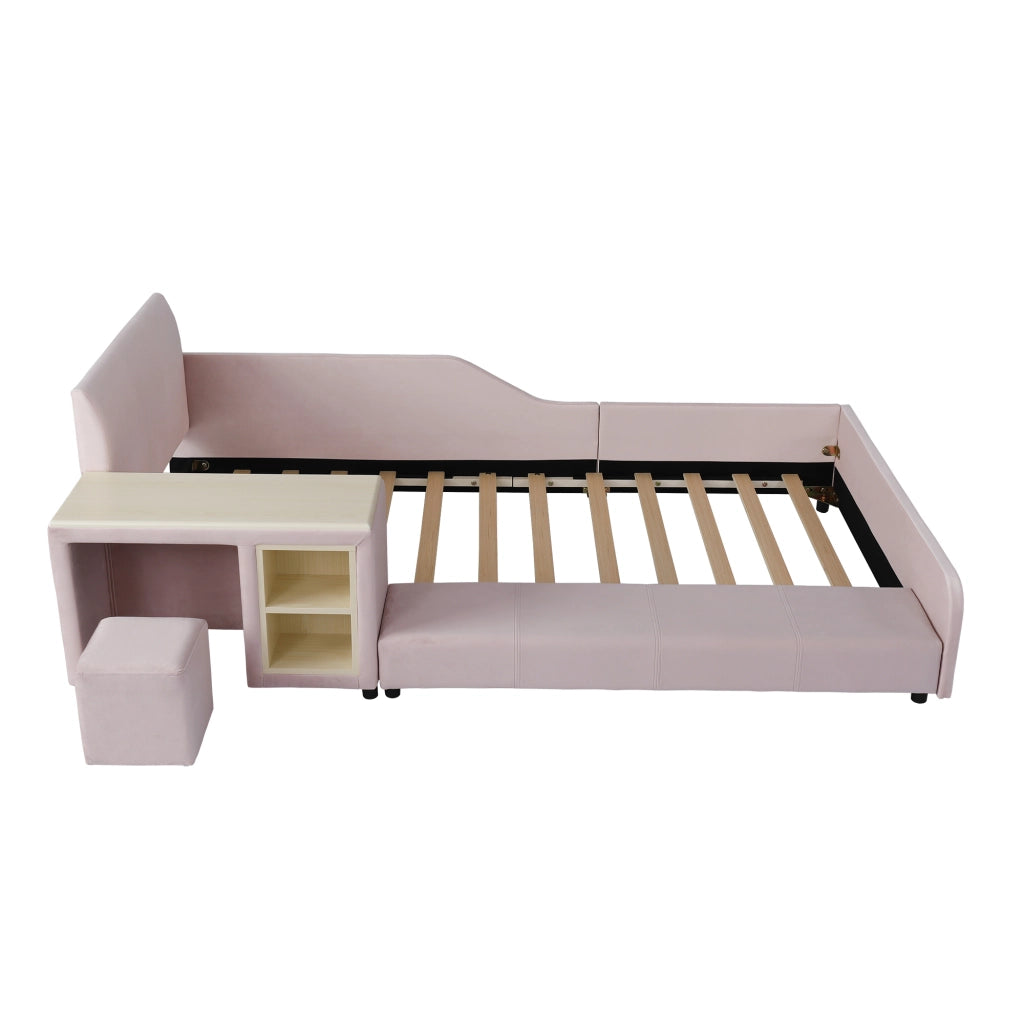 Letto singolo 90x200 con scrivania e sgabello; imbottito in velluto rosa con ripiano per cameretta