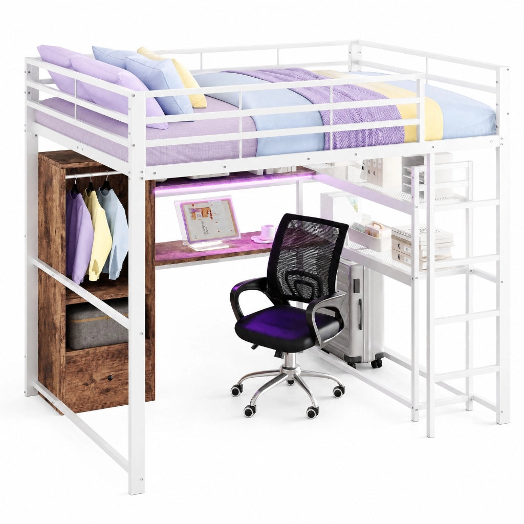 Letto a soppalco 140 × 200 cm con scrivania; cassetto; ripiani e LED; bianco