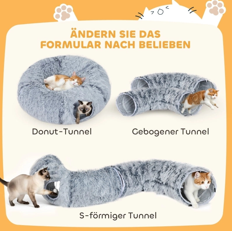 Tunnel gioco 3 in 1 per gatti pieghevole, grigio chiaro