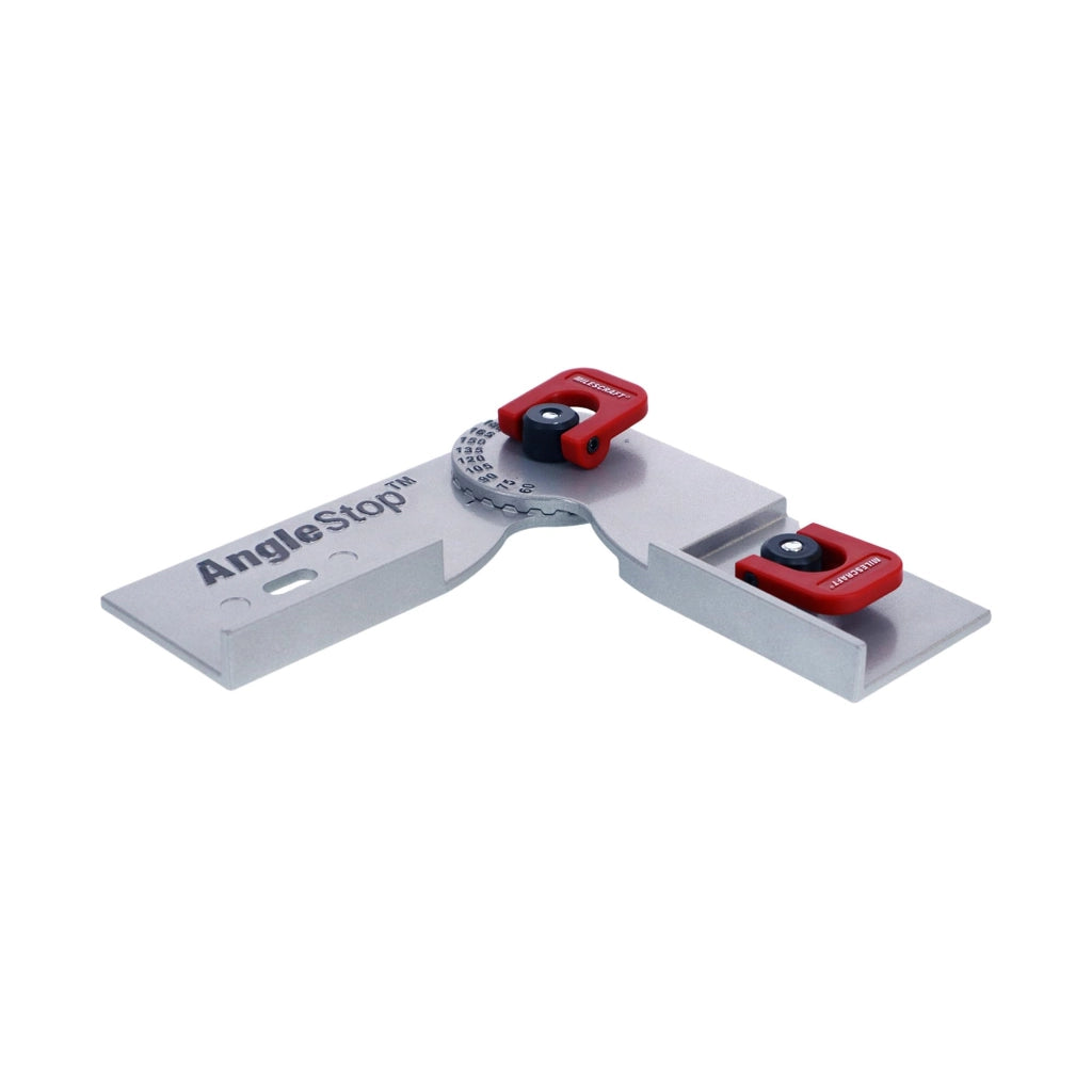 Squadra angolare per scanalature a T in metallo, regolabile da 60° a 300° con incrementi di 15°, profilo basso per tavole da 3/4" (19 mm) o più spesse, rossa e metallizzata