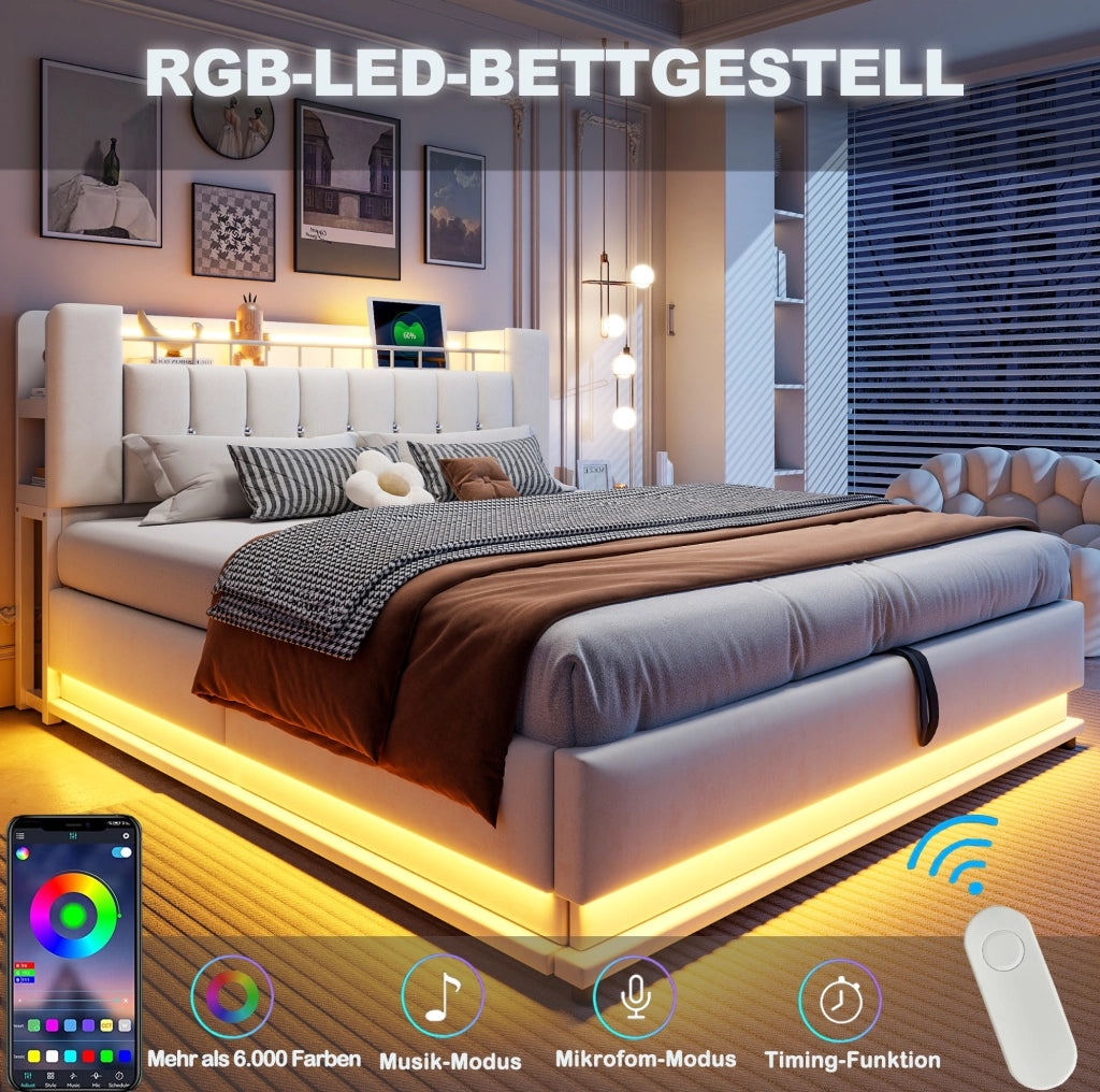 Letto imbottito 160x200 cm beige con LED, USB e contenitore