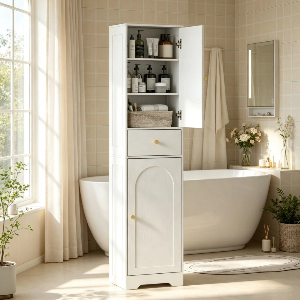 Mobile bagno a colonna bianco con due ante e cassetto