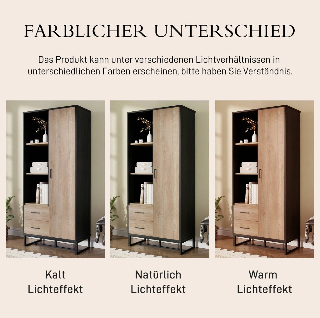Mobile alto 80x40x180 cm con anta; 2 cassetti e 3 vani in MDF; nero e legno
