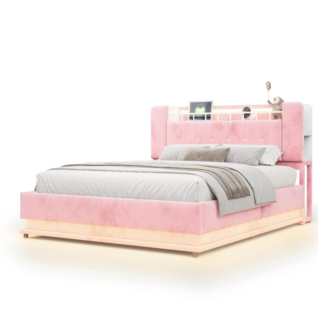 Letto matrimoniale imbottito rosa 160 x 200 cm con LED e vano contenitore