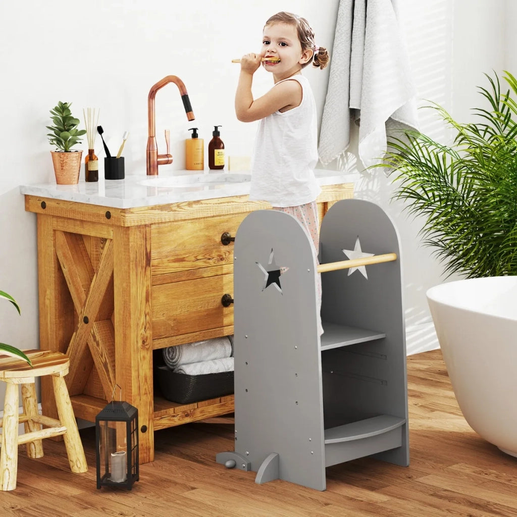 3 in 1 torre di apprendimento sgabello rialzato per bambini grigio con 3 altezze regolabili portata 90 kg per cucina