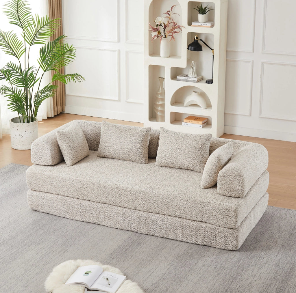 Divano letto modulare 4 in 1 in ciniglia beige con 4 cuscini