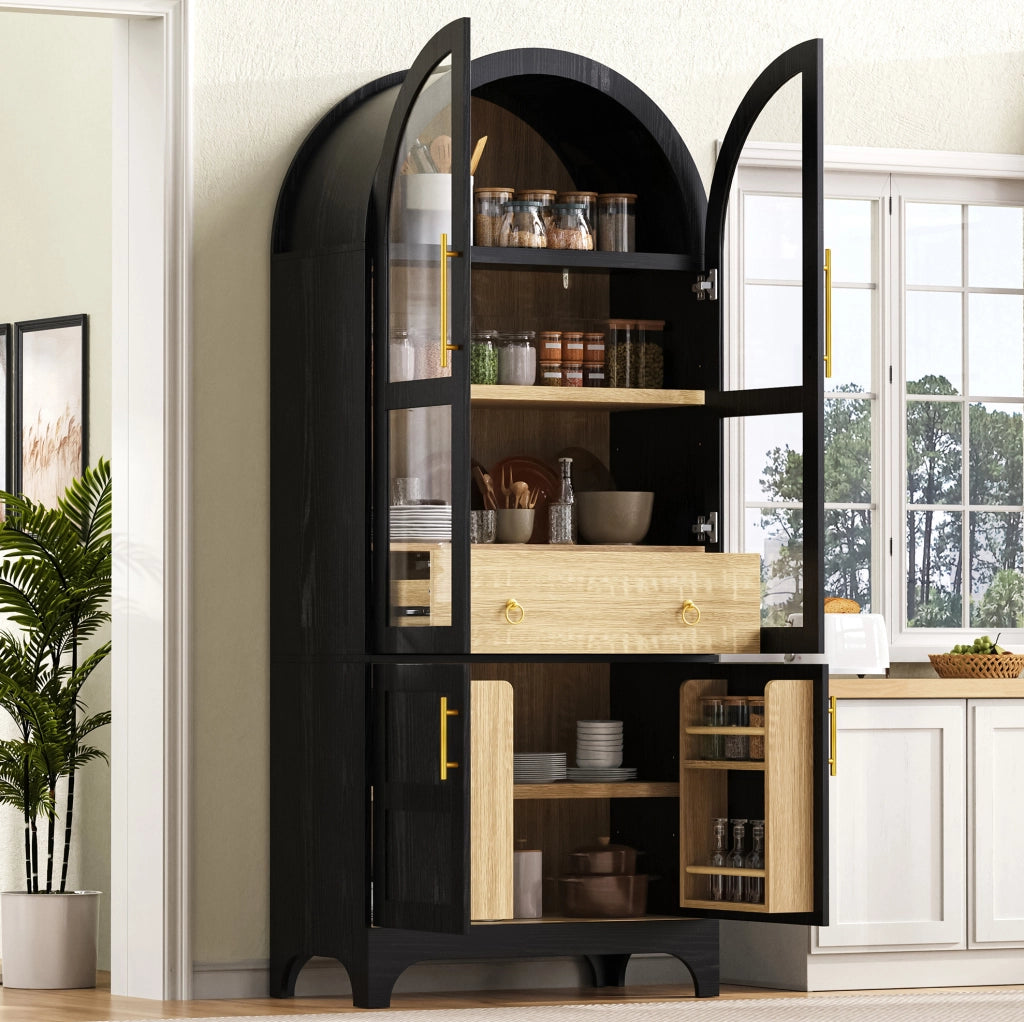 Credenza alta nera con vetro scanalato, ripiani regolabili e cassetti